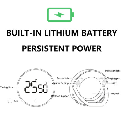 LED Digital Rotary Timer USB Rechargeable Magnetic Baking Countdown Reminder 3-Level Volume Back Bracket Design Kitchen Gadgets