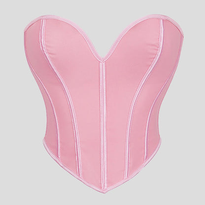 Women'S Strapless Solid Bustier Corset Fishbone Push Up Waist Trainer Crop Tops Sleeveless Backless Padded Bandeau Bikini Top